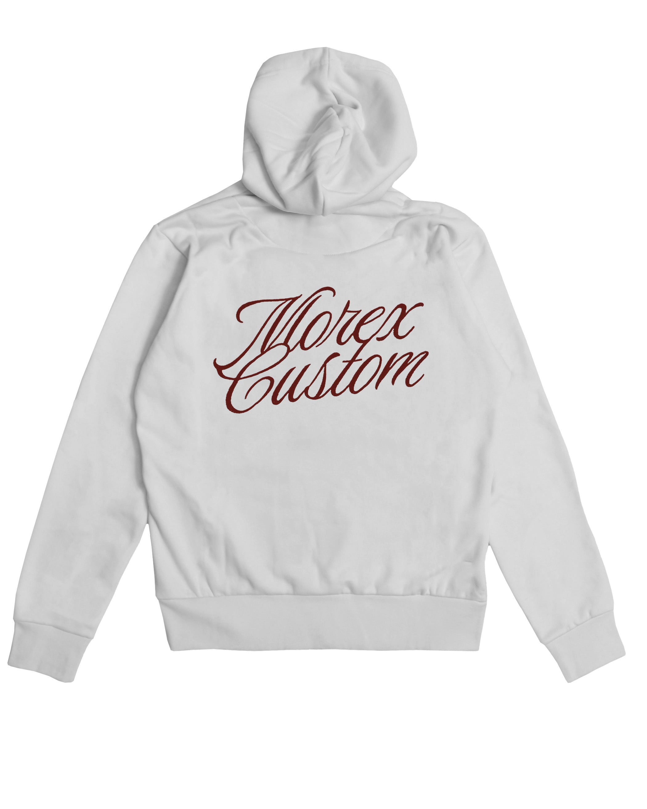 Dos d'un sweat à capuche blanc Morex Custom avec logo script de couleur bordeaux, style lifestyle et moto.