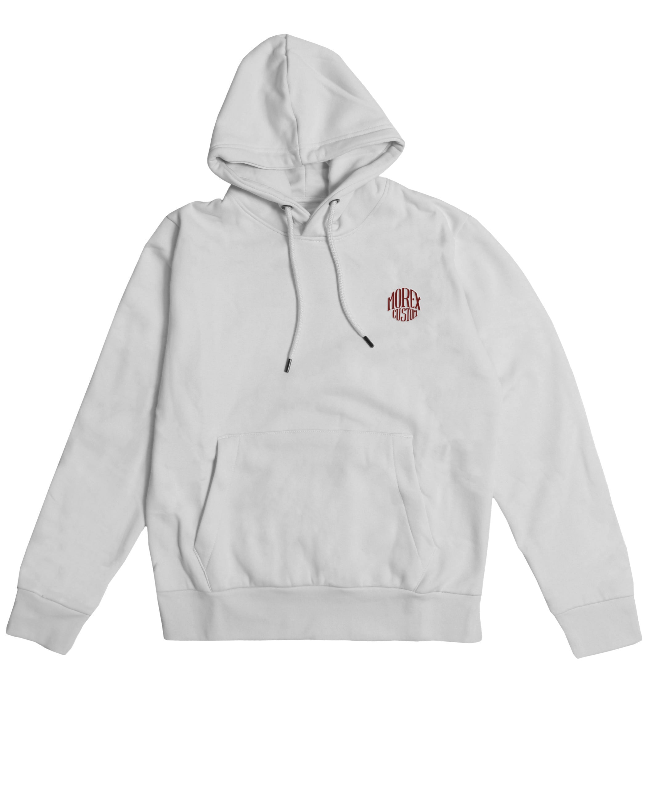 Sweat à capuche Morex Custom gris clair avec logo circulaire rouge brodé sur la poitrine, style lifestyle et moto.