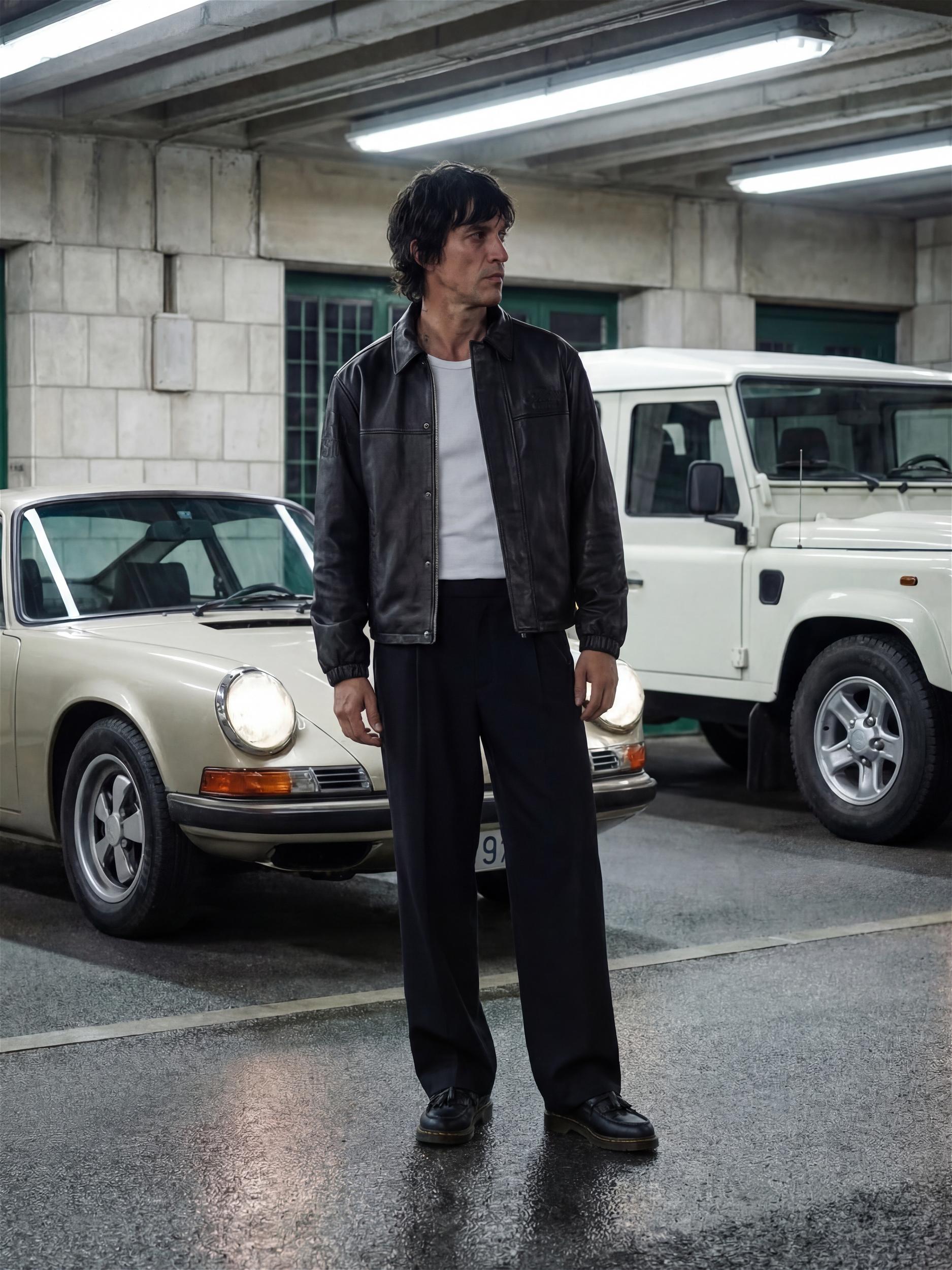 Homme portant une veste en cuir Morex Custom, posant dans un garage entre une Porsche vintage et un Land Rover Defender blanc.