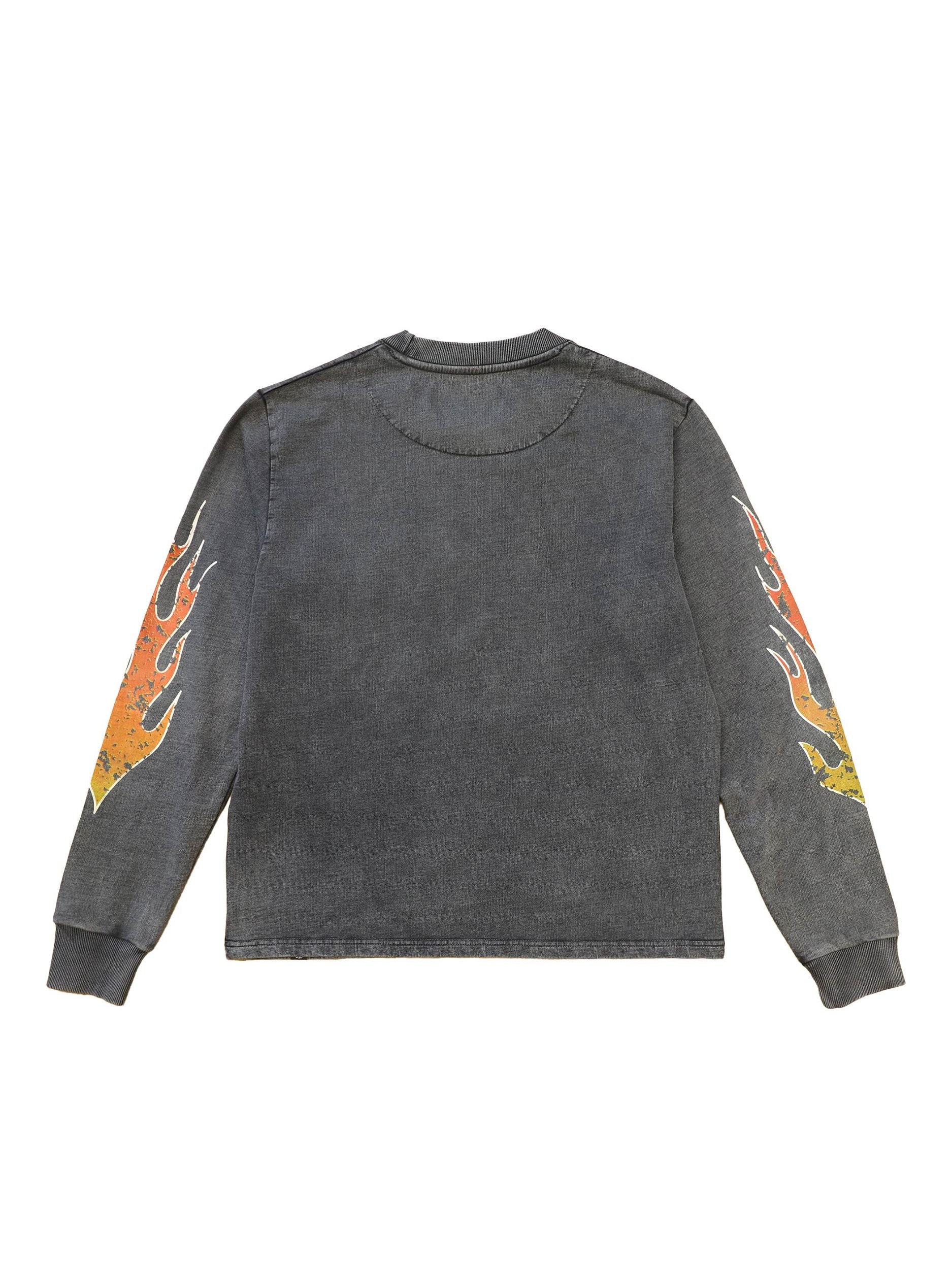 T-shirt à manches longues Morex Custom gris délavé avec motifs de flammes sur les manches, style moto et lifestyle.