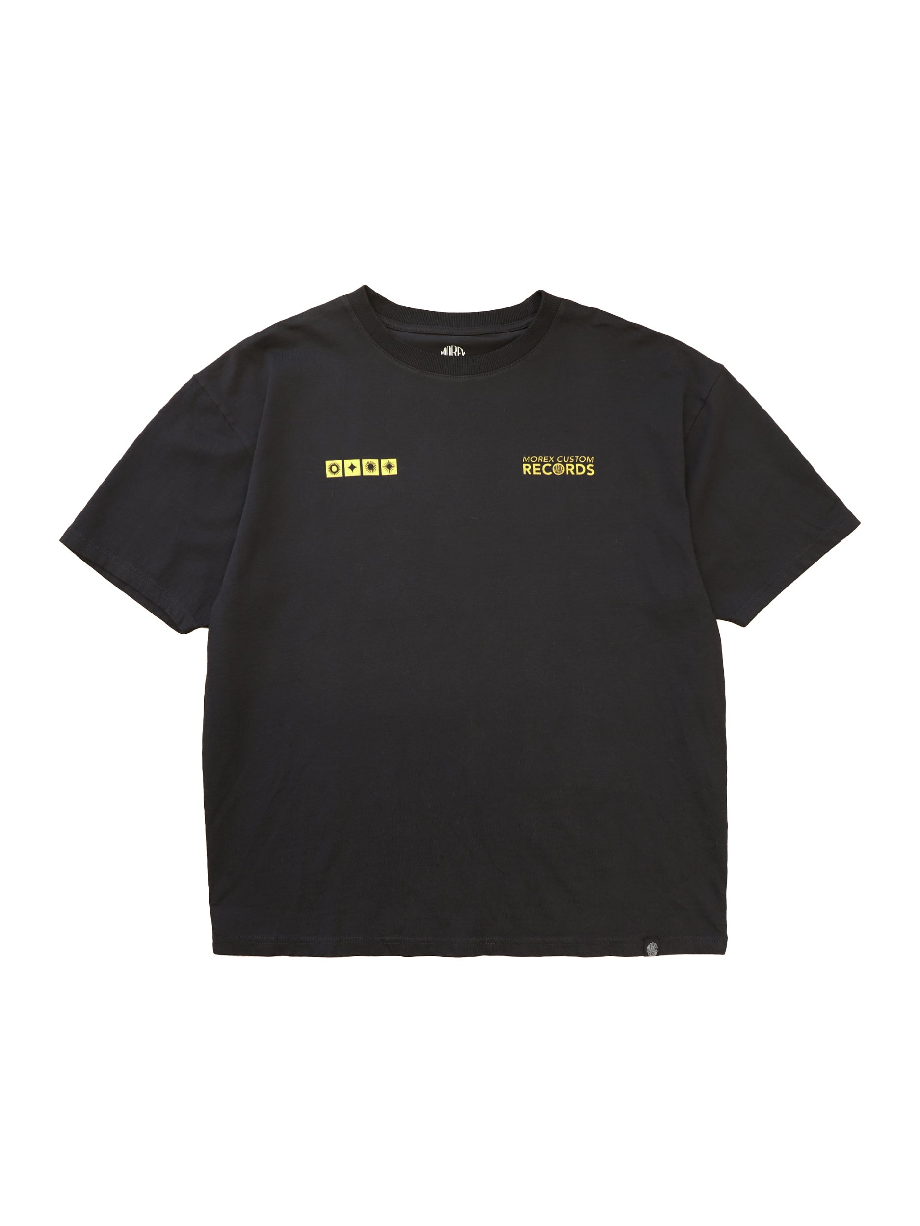 T-shirt noir Morex Custom à manches courtes avec logos jaunes sur la poitrine, style moto et lifestyle.