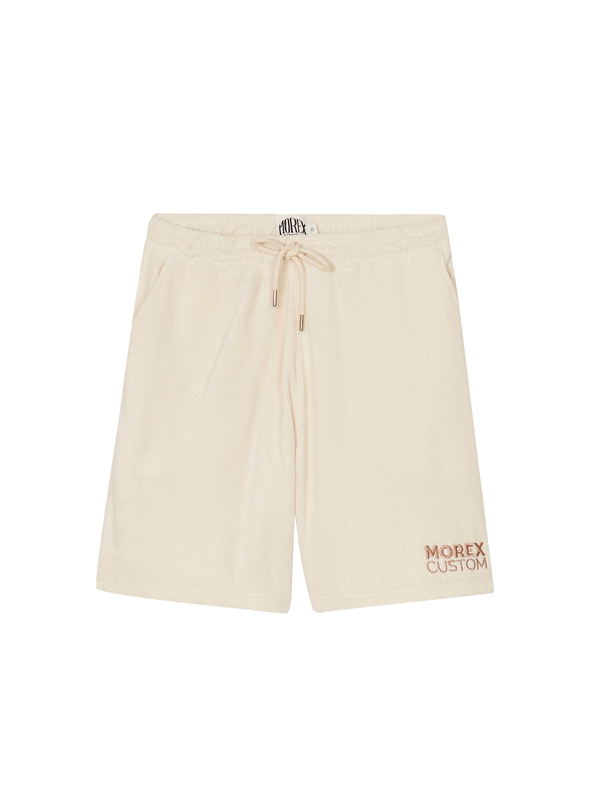 Short de couleur beige cassé de la marque Morex Custom avec logo brodé sur la jambe et cordon de serrage à la taille.