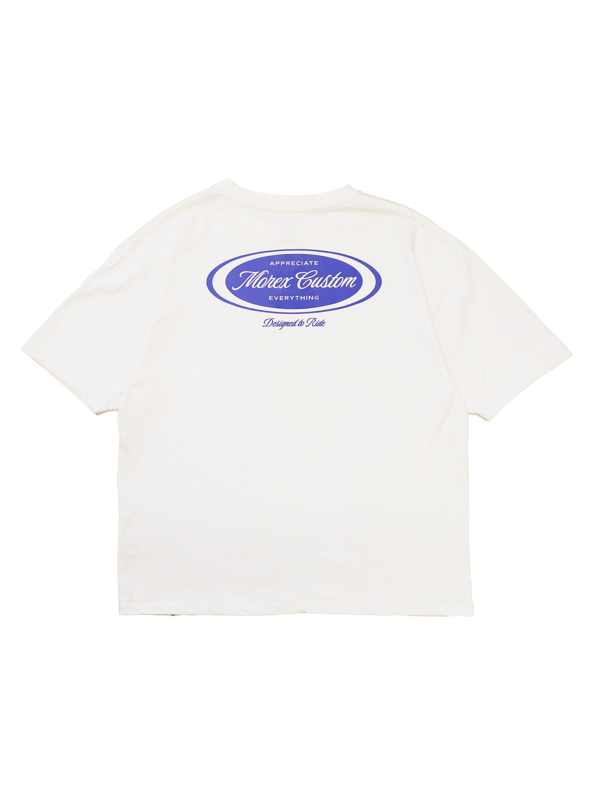 T-shirt blanc Morex Custom avec logo ovale bleu imprimé au dos, parfait pour un style moto et lifestyle décontracté.