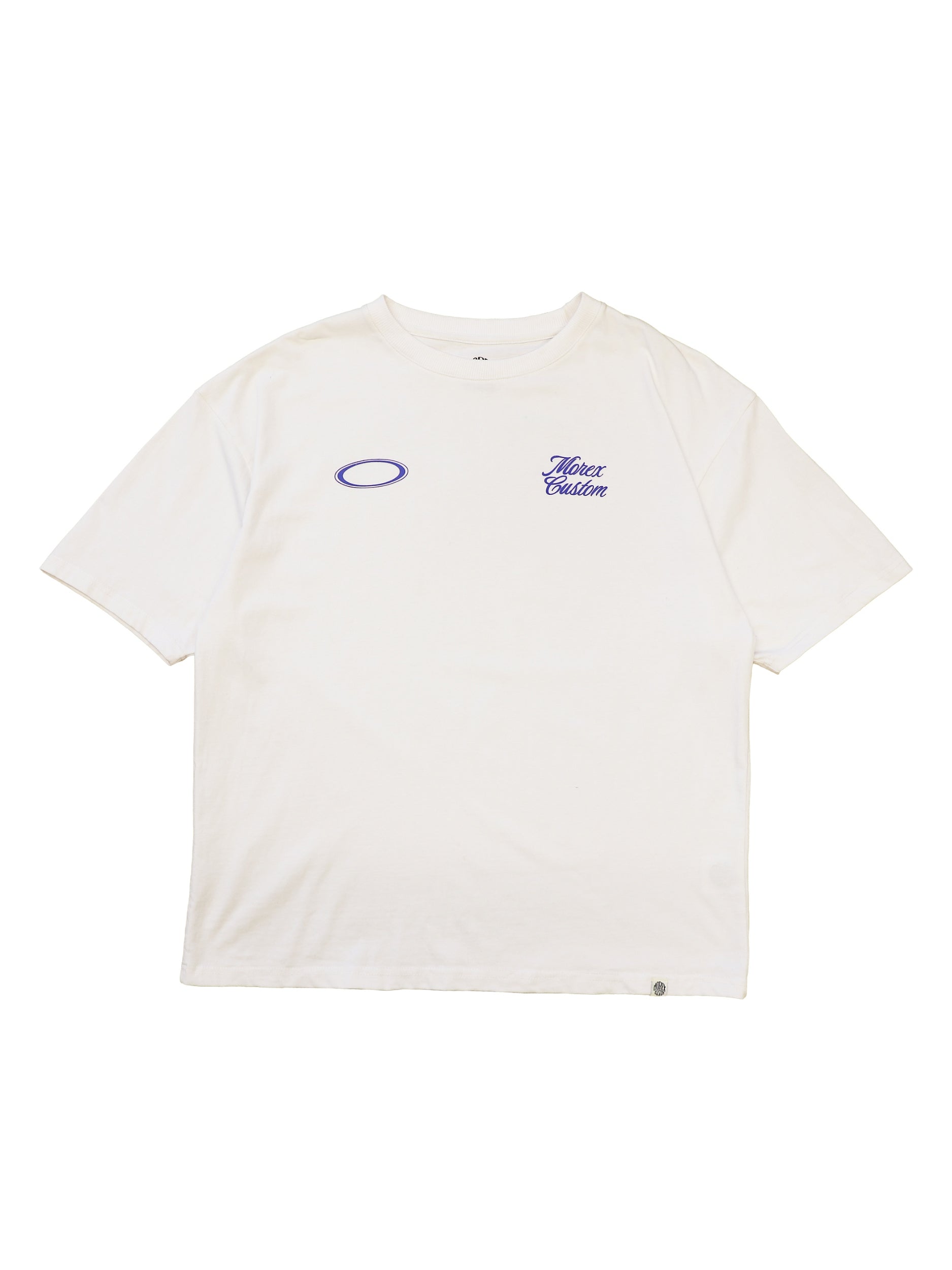 T-shirt blanc Morex Custom à manches courtes avec petits logos violets imprimés sur la poitrine, style lifestyle et custom moto.