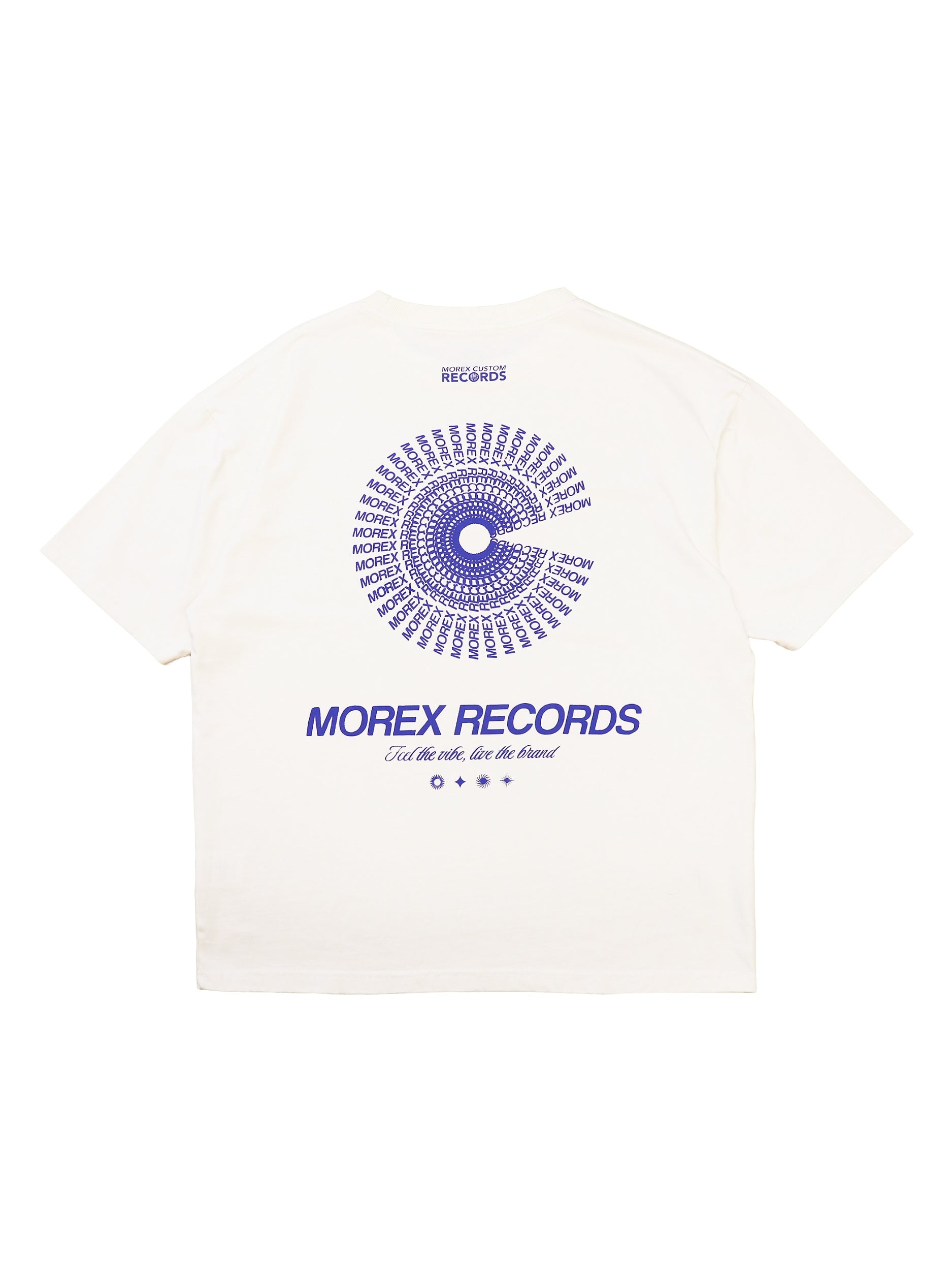 T-shirt blanc Morex Custom avec imprimé Morex Records bleu au dos, style lifestyle et moto.