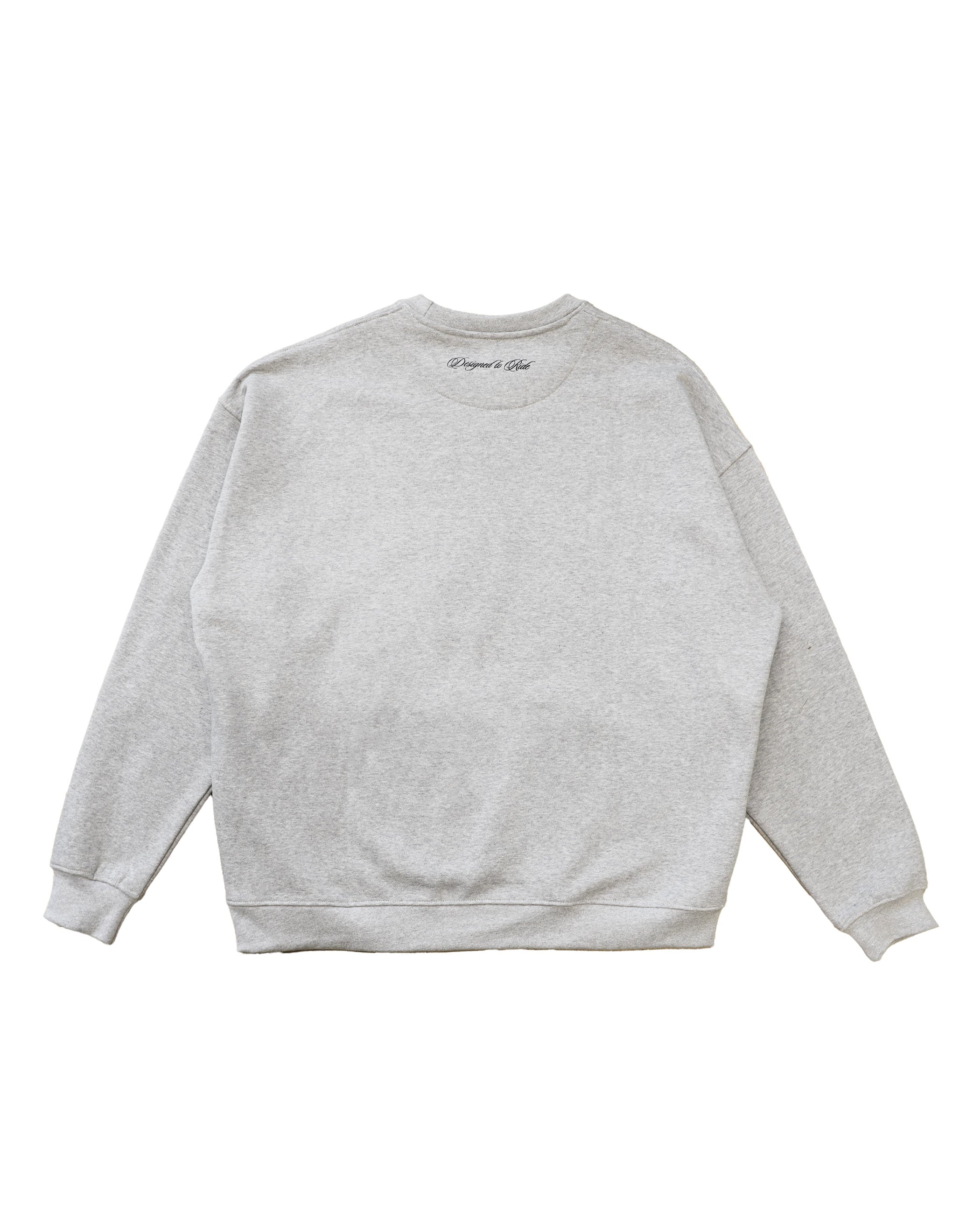 Vue arrière d'un sweatshirt gris chiné de la marque Morex Custom avec un petit logo brodé à la nuque.