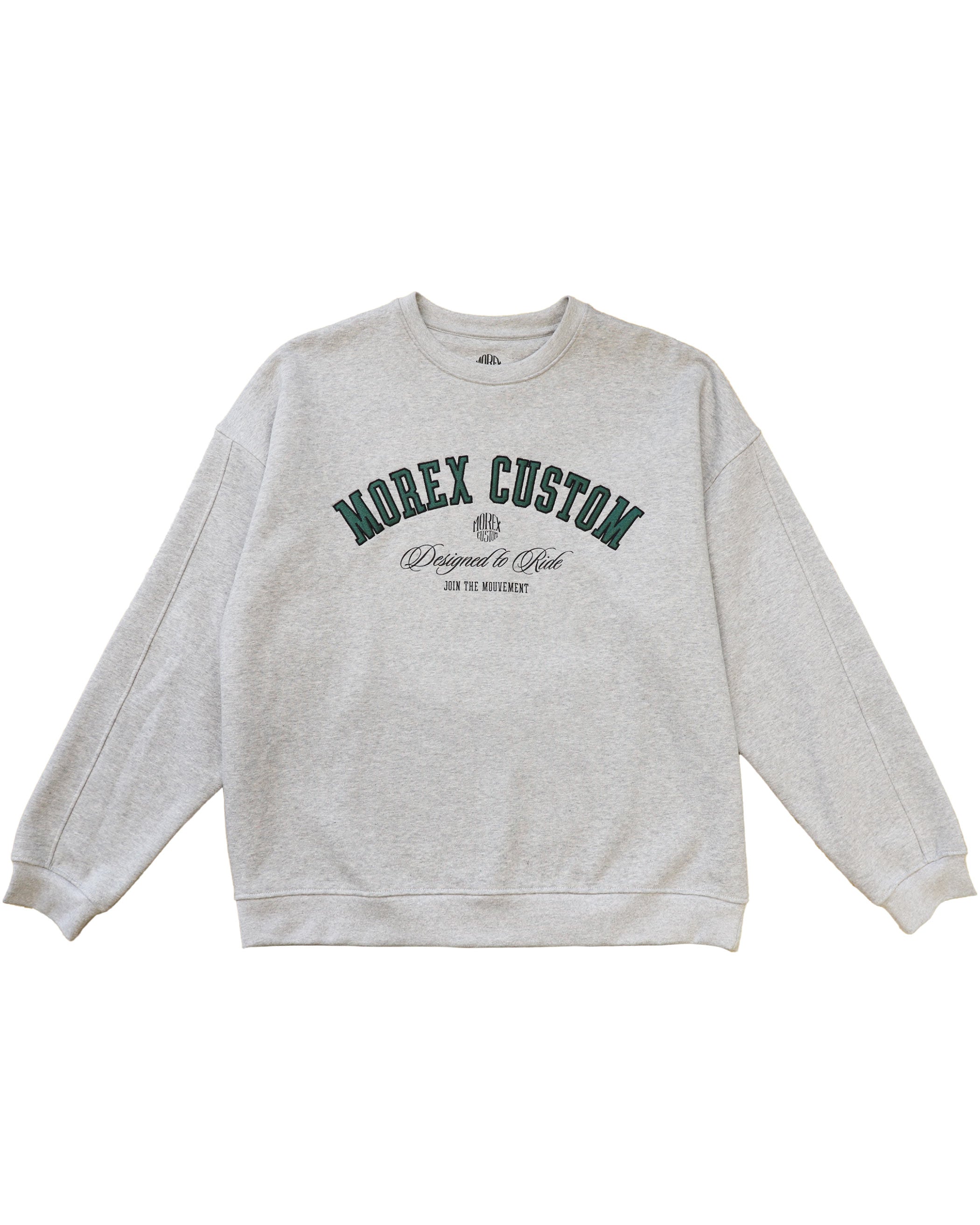 Sweatshirt Morex Custom gris chiné avec logo varsity vert, style lifestyle et moto.