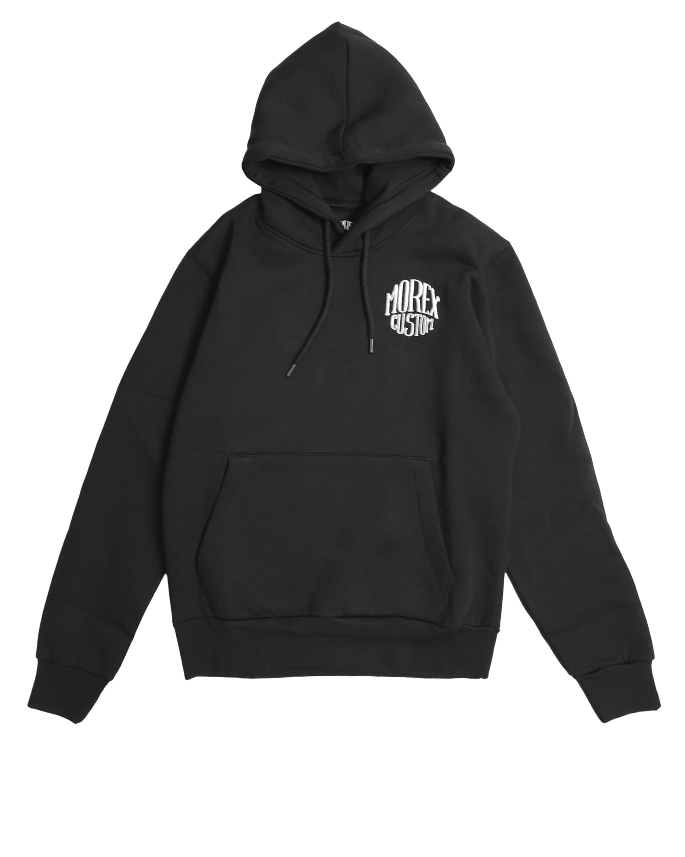 Hoodie noir Morex Custom – Rex – logo blanc circulaire poitrine – style lifestyle