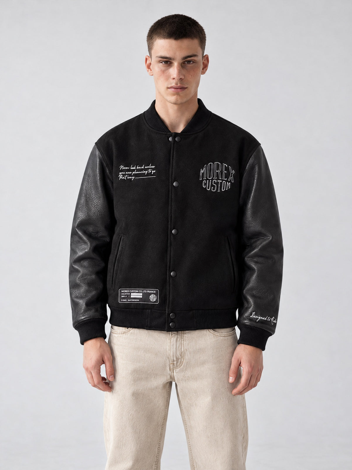 Veste teddy varsity Morex Custom noire pour homme avec manches en cuir vieilli et broderies moto lifestyle