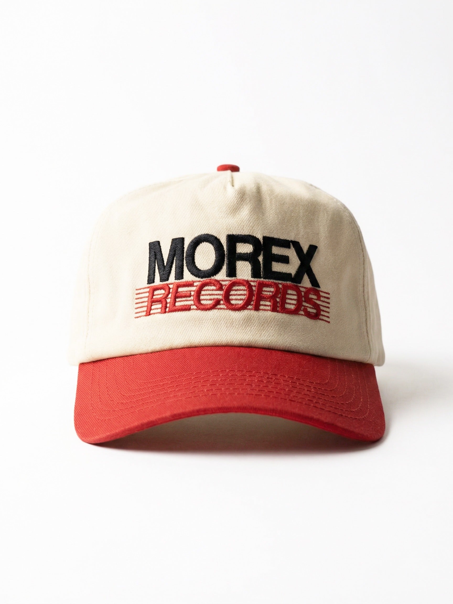 Casquette Morex Custom Records bicolore crème et rouge avec broderie vintage.