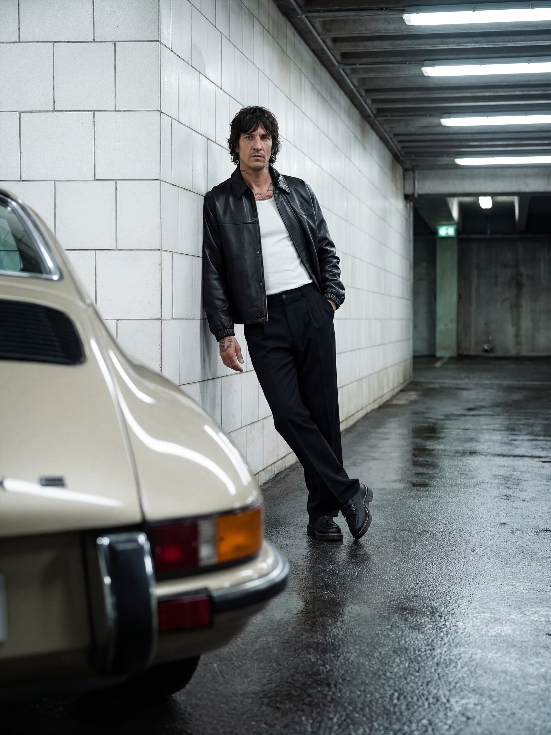 Homme au style motard portant une veste en cuir noir Morex Custom, adossé au mur d'un parking souterrain près d'une Porsche classique.