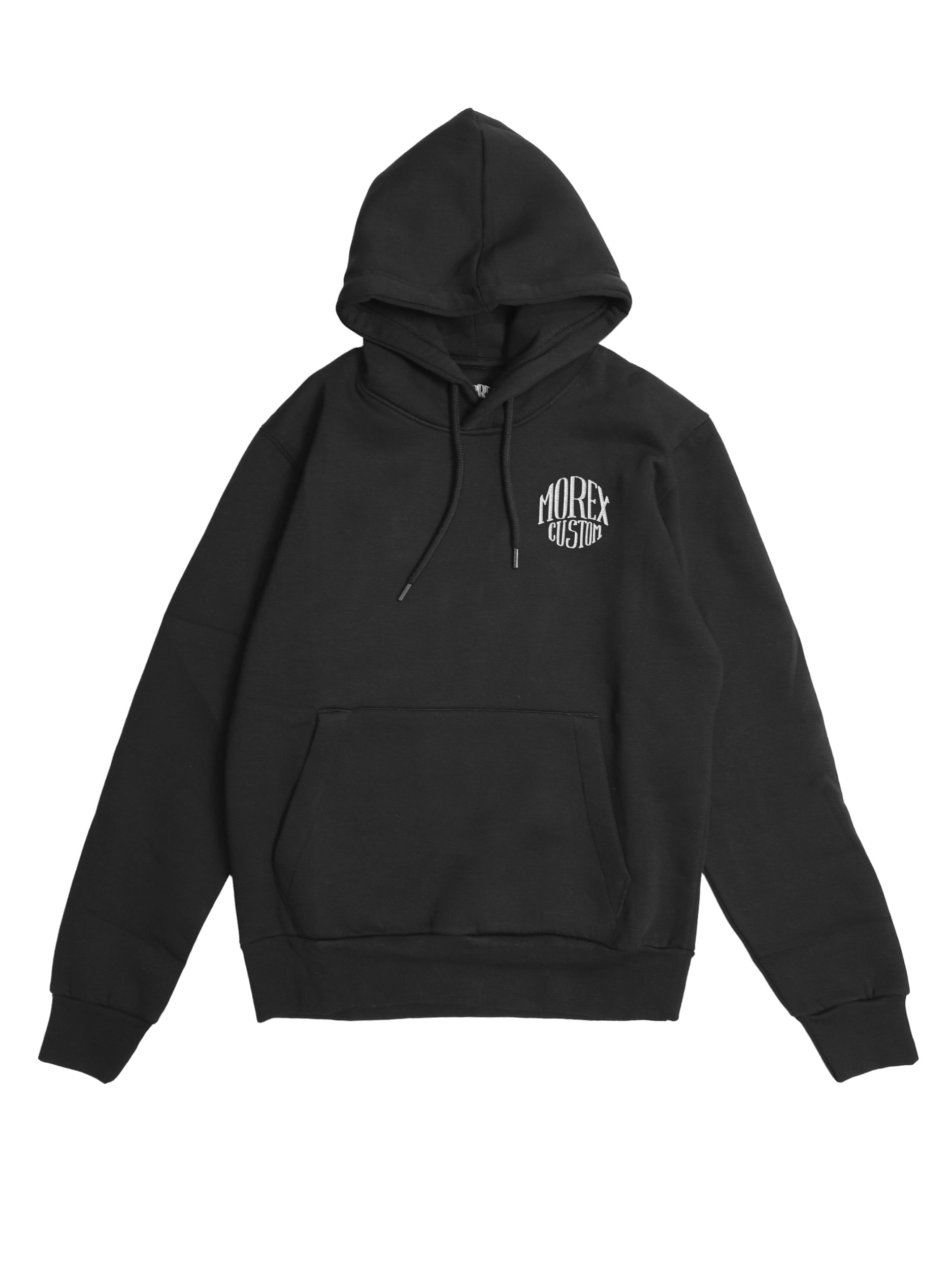 Sweat à capuche Morex Custom noir avec logo circulaire blanc sur la poitrine, vêtement style moto et lifestyle.