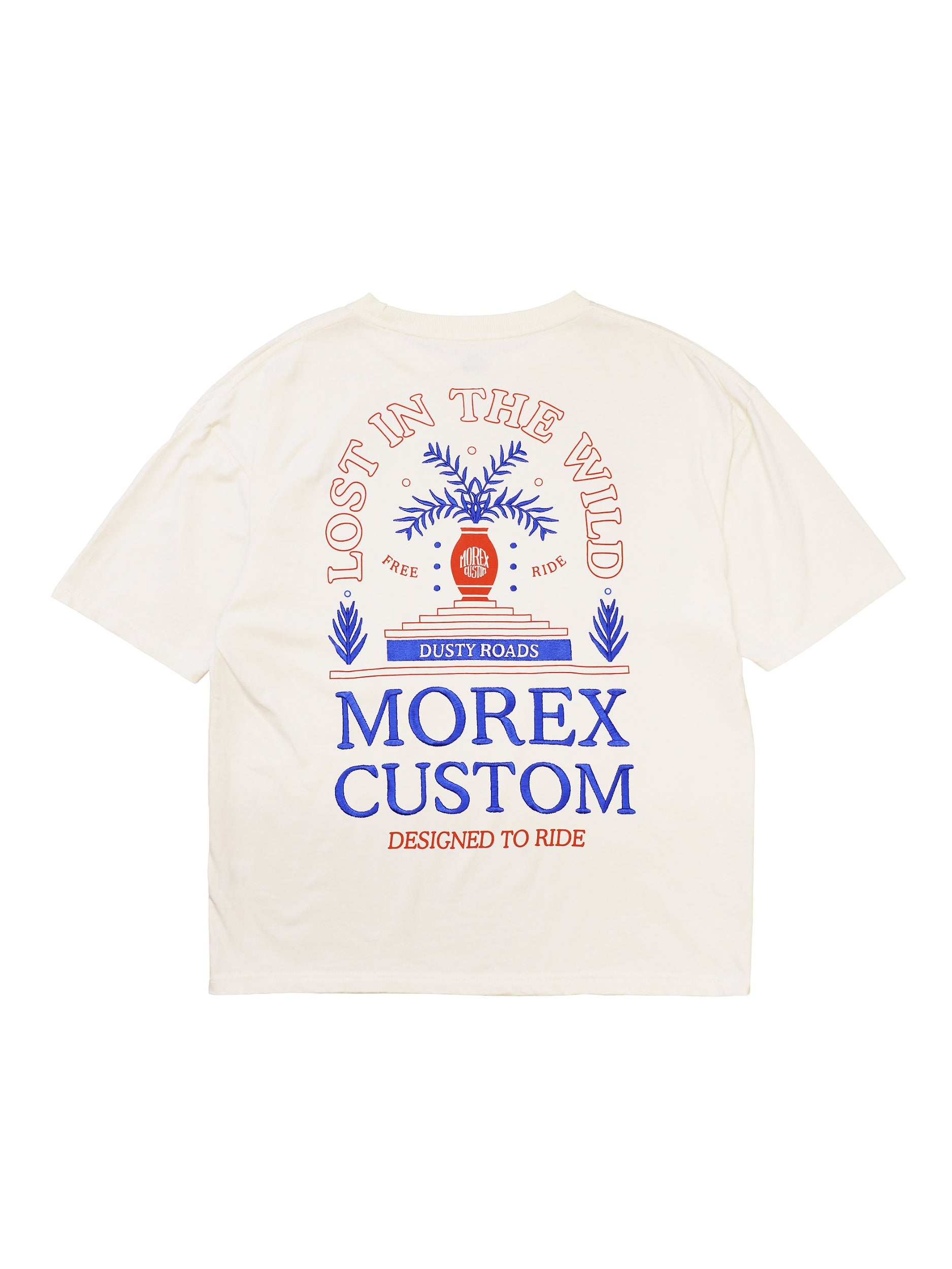 T-shirt Morex Custom blanc cassé avec graphisme vintage au dos représentant un palmier et les inscriptions 'Lost in the World' et 'Morex Custom Designed to Ride' en bleu et orange.