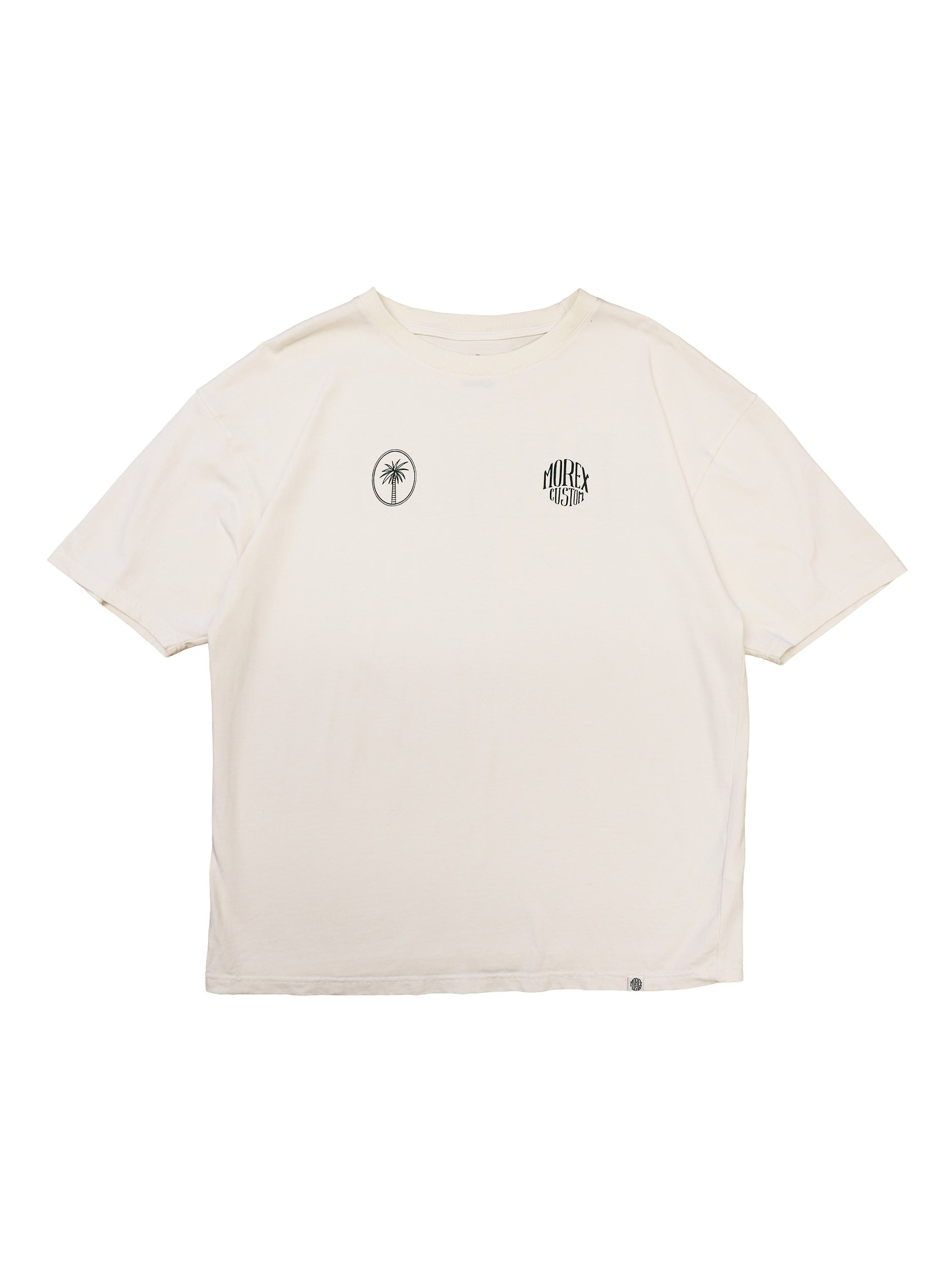 T-shirt Morex Custom blanc cassé avec logos graphiques sur la poitrine, style vintage moto et lifestyle.