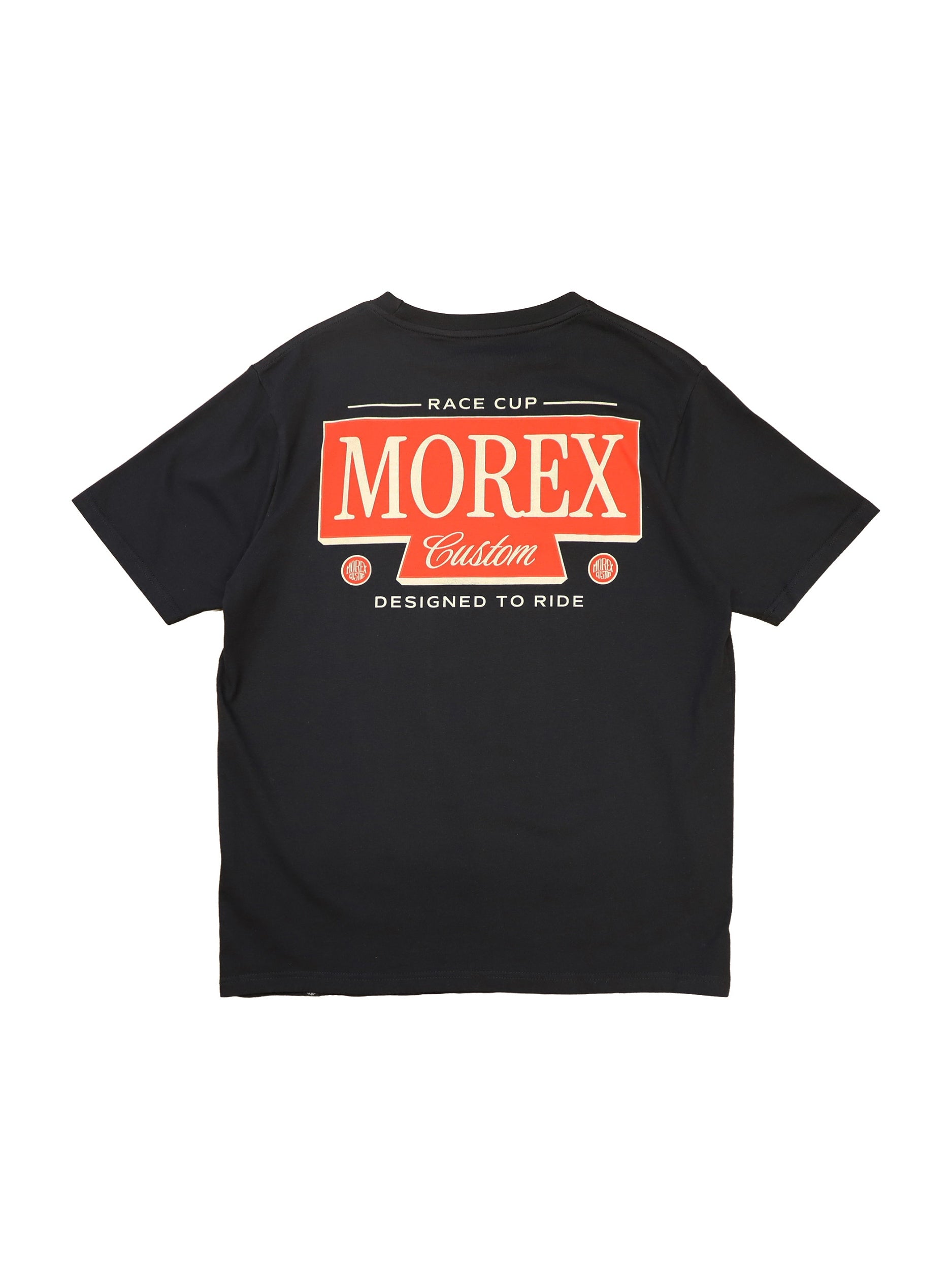 T-shirt noir Morex Custom avec un logo graphique vintage rouge et blanc au dos, style moto et lifestyle.
