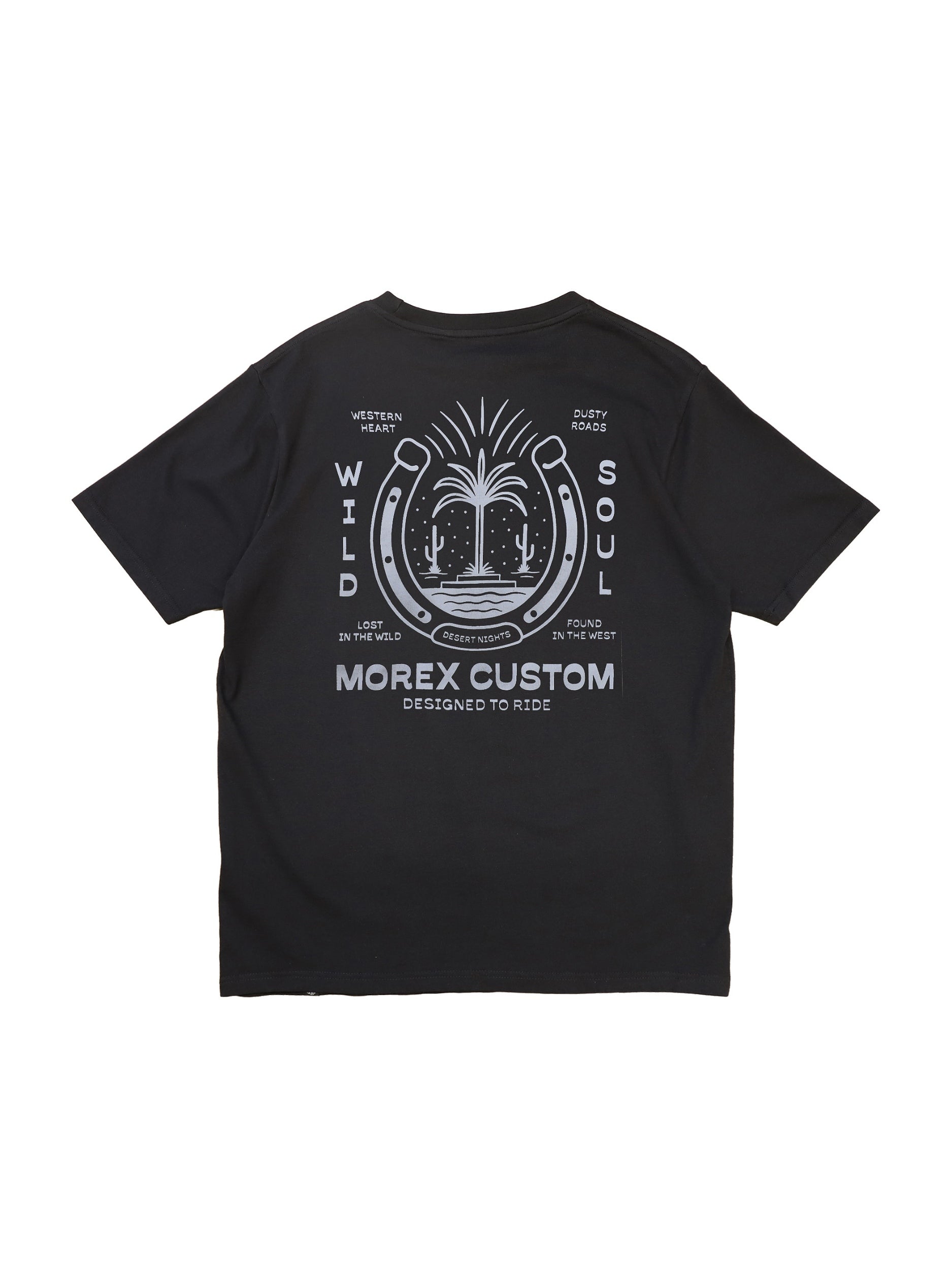 T-shirt noir de la marque Morex Custom avec un graphisme blanc au dos illustrant un palmier dans un fer à cheval et les inscriptions Wild Soul.