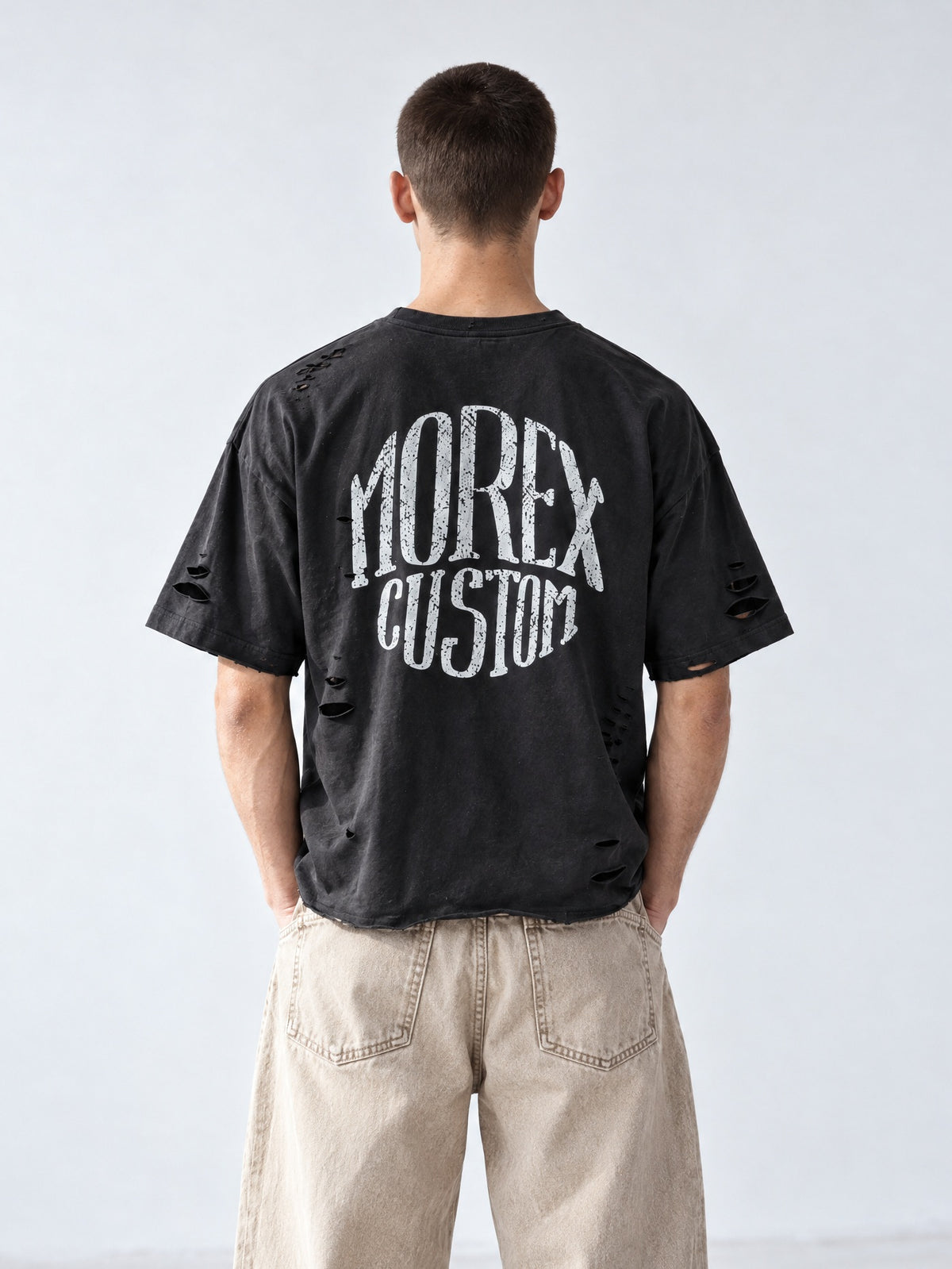 T-shirt noir délavé Morex Custom coupe oversize effet vieilli avec grand logo sérigraphié au dos, style moto streetwear