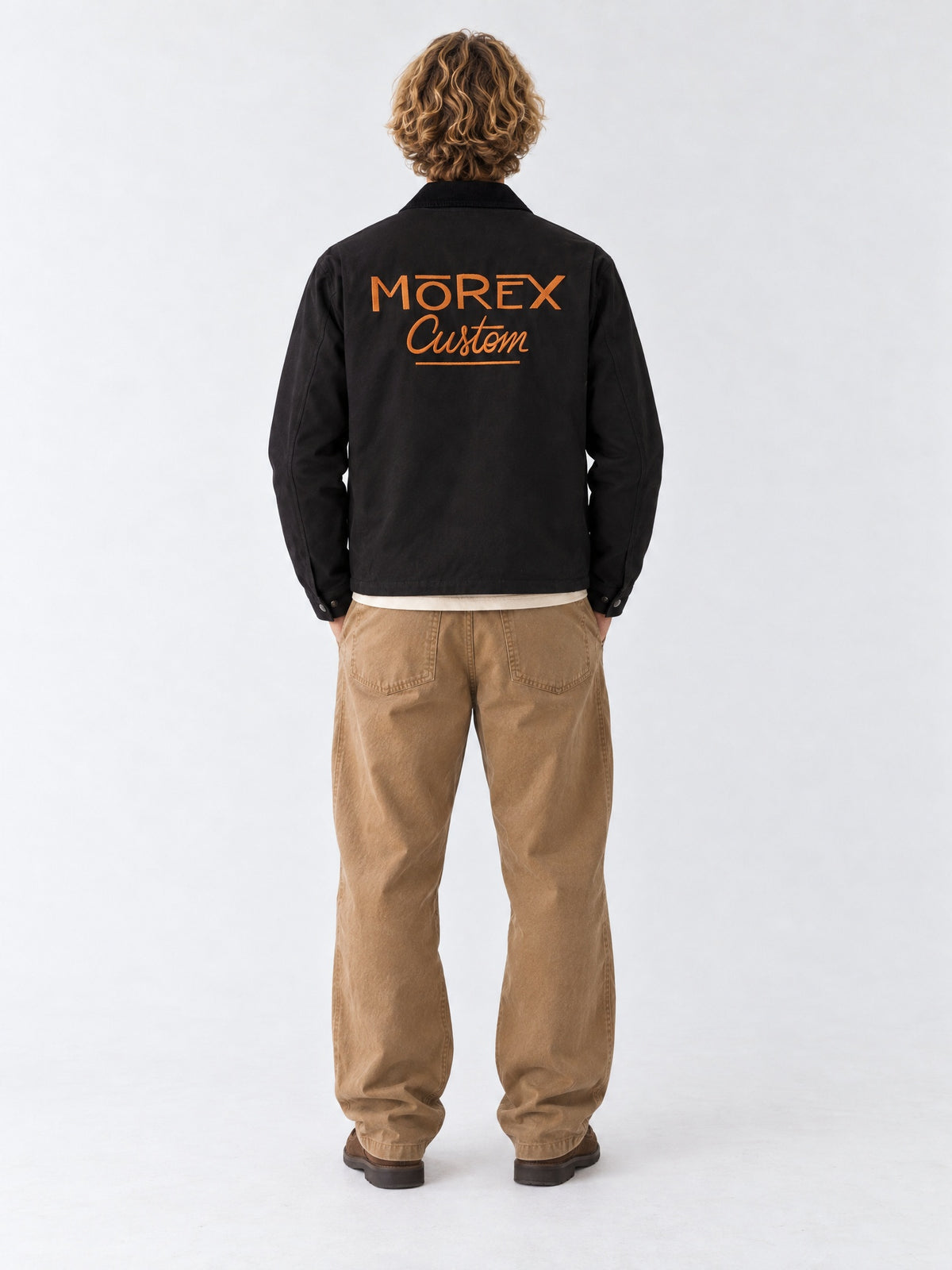 Veste noire pour homme Morex Custom avec broderie vintage dans le dos, tenue moto et lifestyle workwear.