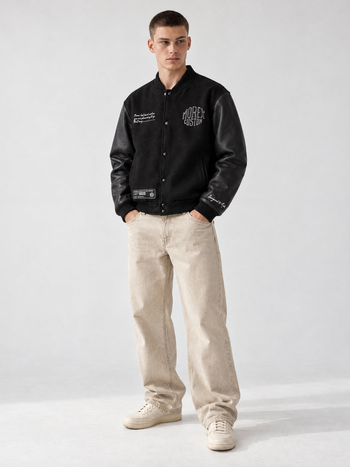 Modèle portant la veste teddy noire Morex Custom avec manches en cuir et broderies signature, style moto lifestyle urbain.
